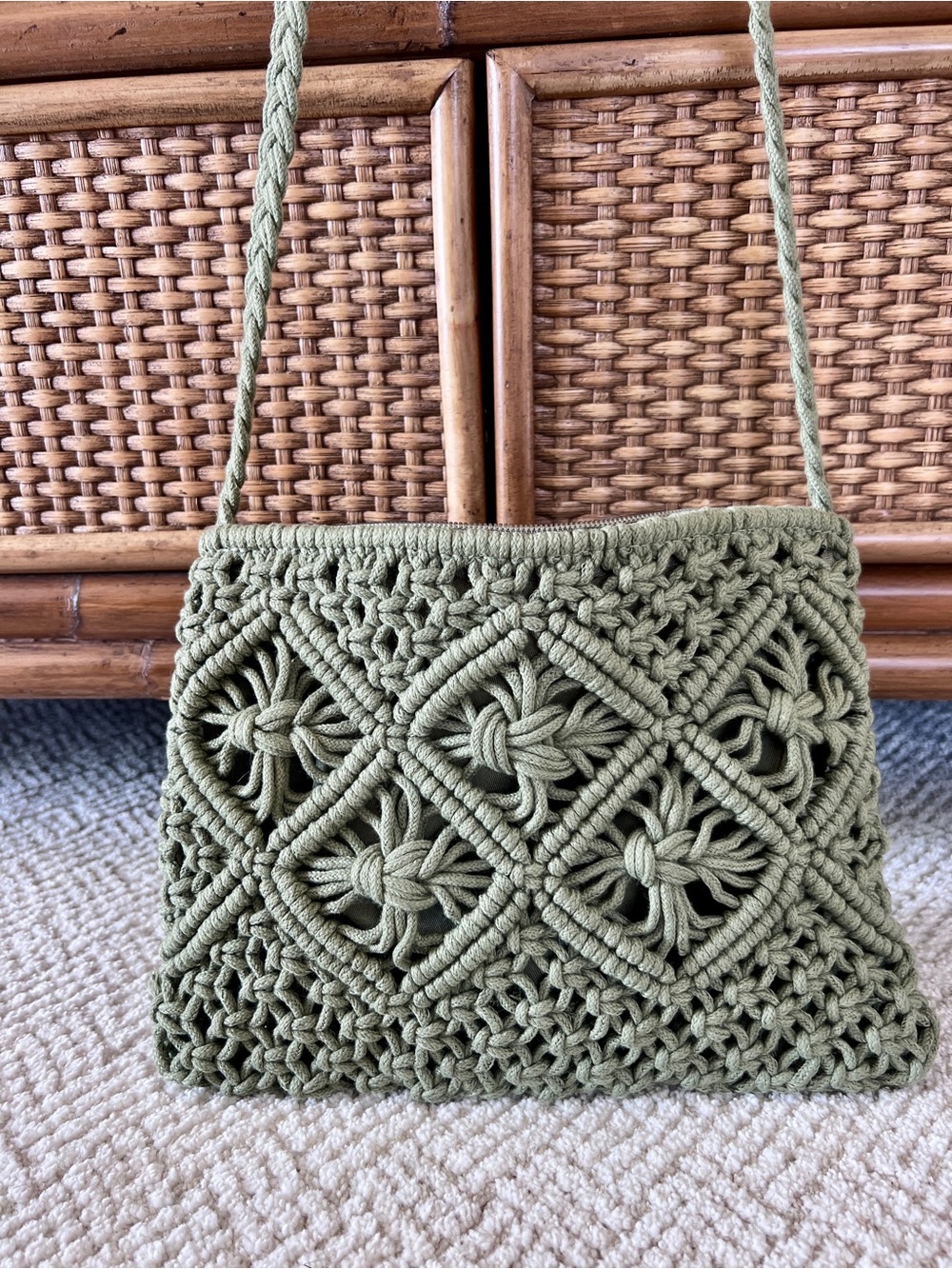 Olive Green Boho Macramé Crossbody Bag